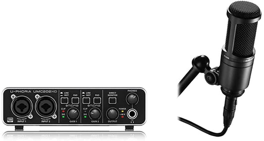 Audio Technica AT2020 Cardioid Condenser XLR Microphone Plus Behringer U-Phoria UMC22 USB Audio Interface Bundle