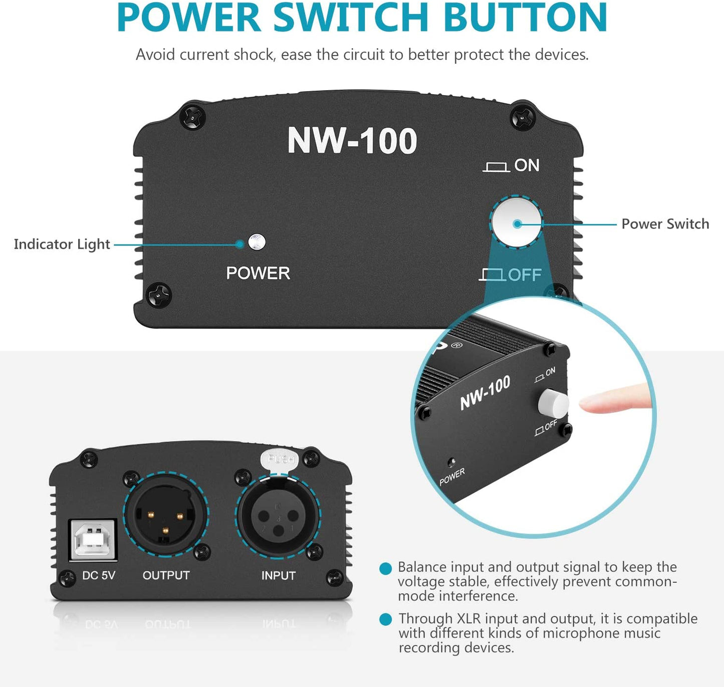 Neewer NW-100 48V Microphone Phantom Power Supply